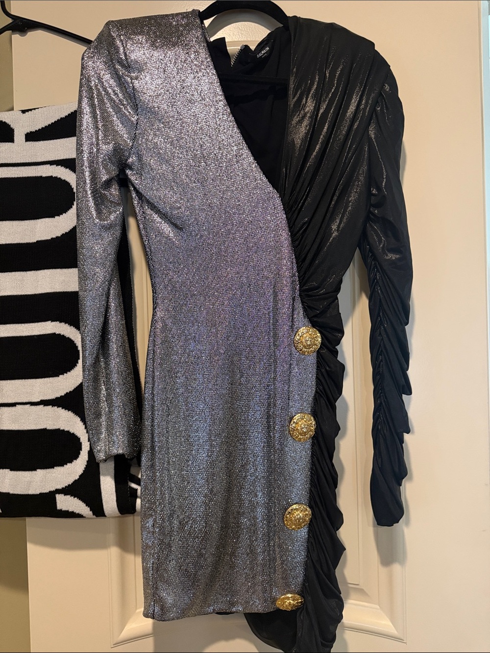 Balmain Silver and Black Long-Sleeve Metallic Draped Dress with Gold Buttons